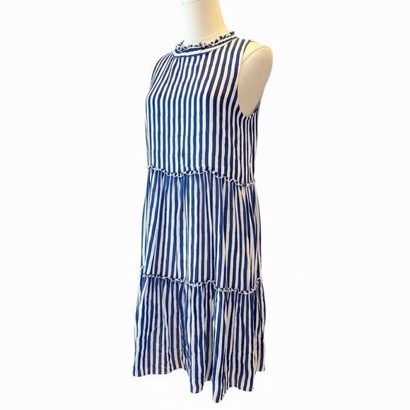 Oliphant Tuckernuck Tiered Dress Size Small Blue Stripe Sleeveless Silk Blend - Picture 1 of 10